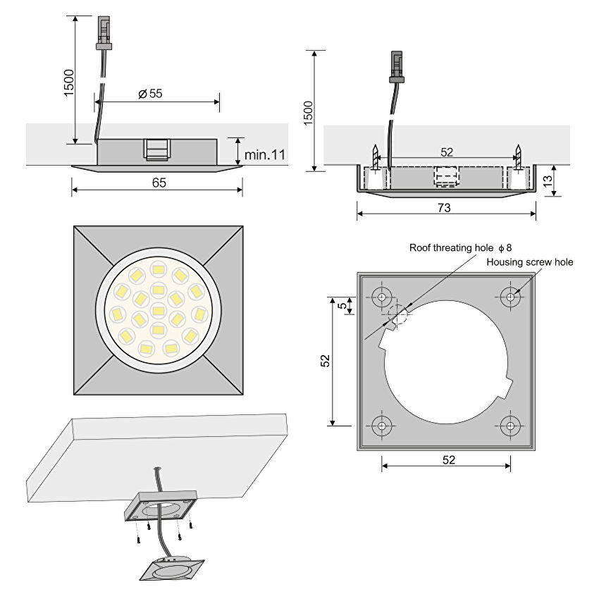 LED cabinet downlight for building-in/surface mounting, square 1.5W, 4000K,  12V DC, chrome, MLLS1540CH