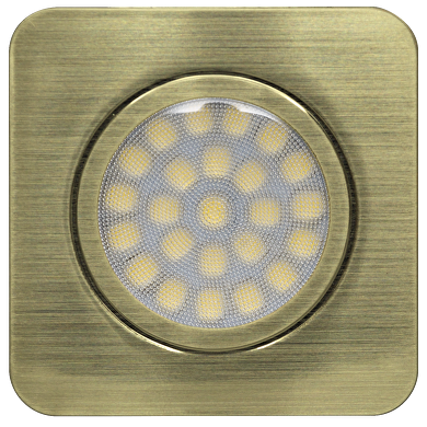 LED cabinet downlight for building-in, square 3W, 4200K, 12V DC, IP44, satin brass