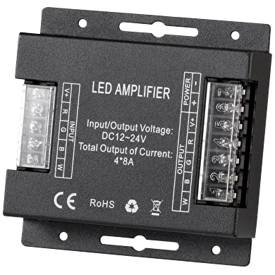 Amplificador de RGBW tira de LED, 4x8A, 768W (24V), 12-24V DC