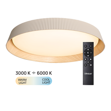 LED CCT stropna svjetiljka s daljinskim upravljačem, s mogućnošću prigušivanja, bež/drvena, max. 72W, 3000K-6000К, 220-240V AC, okrugla, IP20