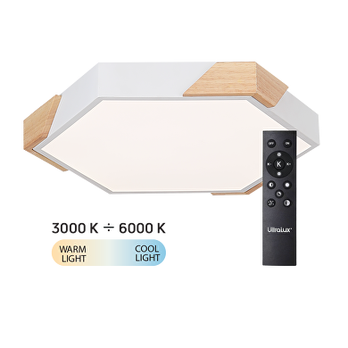 LED Slim димираща ССТ плафониера с дистанционно управление, бял с дървени елементи, max.72W, 3000K-6000К, 220-240V AC, шестоъгълник, IP20