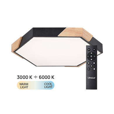 LED Slim dimmable CCT ceiling lamp with remote control, black with wooden details, max.72W, 3000K-6000К, 220-240V AC, hexagon, IP20