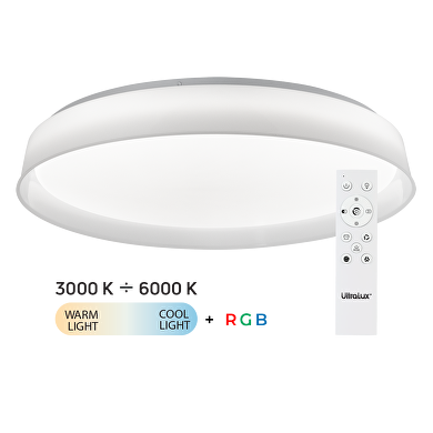 Lampada da soffitto LED dimmerabile CCT con telecomando bianco, 28W+5W, 3000K-6000К+RGB, 220-240V AC, rotonda, IP20