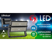 Professional LED floodlight 420W, 5000K, 100-277V AC, IP66, Diffuser 30°