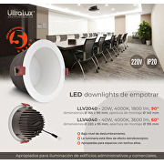 Downlight de LED  20W, 4000K(luz neutral), 220-240V AC,redondo,de empotrar, 90°, IP20,5 años de garantía