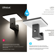 Lampada LED con sensore di movimento 15W 4000K, IP65, da parete, grigia