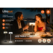 Apparéil d'éclairage LED de table à gradation, rechargeable, 2.3W, 3000K, IP44, blanc