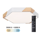 LED Slim димираща ССТ плафониера с дистанционно управление, бял с дървени елементи, max.72W, 3000K-6000К, 220-240V AC, шестоъгълник, IP20
