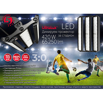 LED прожектор за стадион 420W, 1-10V димиране, 5000K, 220-240V AC, IP66, Дифузер 30°